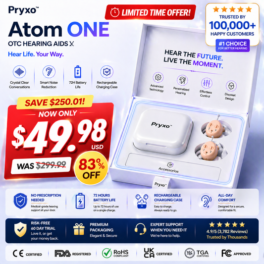 🌎Ends Today: 83% OFF!⏰ Pryxo™ Atom ONE OTC Hearing Aid — Up to 85% OFF + Hear Every Word Clearly Again 👂✨